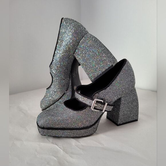 Sparkle Chunky Heel Platform Mary Jane Buckle Shoes Disco Glitter Bratz GB 7.5 - Picture 3 of 10